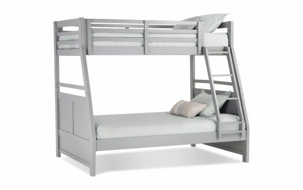 Chadwick Twin/Full Gray Bunk Bed in transitional style, made of MDF, poplar solids, and veneers, with ladder and guardrails for space-saving kids’ sleeping solution.