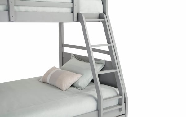 Chadwick Twin/Full Gray Bunk Bed with ladder, transitional style in MDF and poplar solids, featuring a full lower bed and twin upper bed for space-saving youth bedroom.