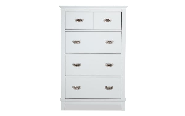 Chadwick White 4 Drawer Chest in transitional style, made of MDF, poplar solids, and veneers, with silver cup pulls and felt-lined drawers for child’s room storage.