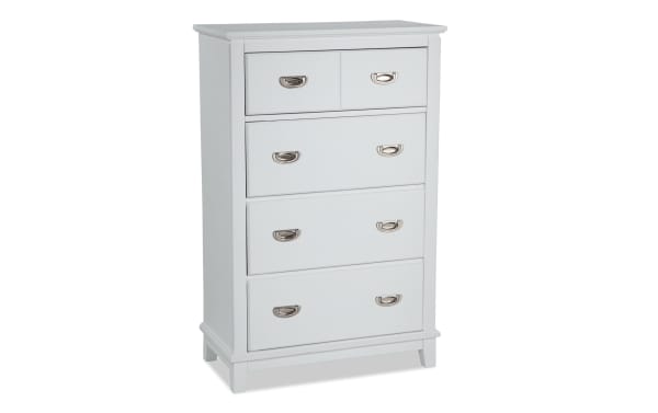 Chadwick White 4 Drawer Chest in transitional style, made of MDF, poplar solids, and veneers, featuring metal cup pulls and felt-lined drawers for organized storage.