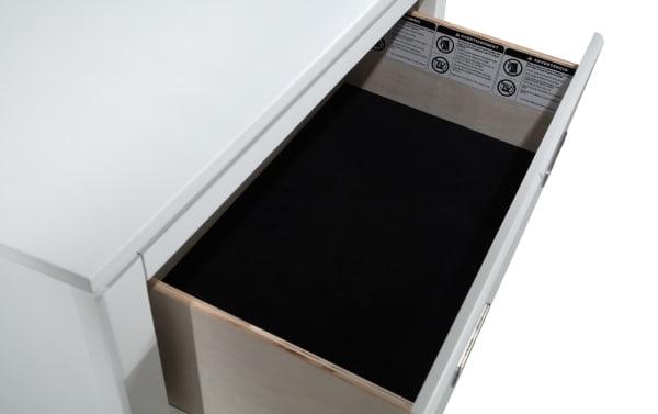 Chadwick White 4 Drawer Chest with felt-lined drawers, transitional style, MDF and poplar solids, white finish, part of Chadwick collection for child storage.