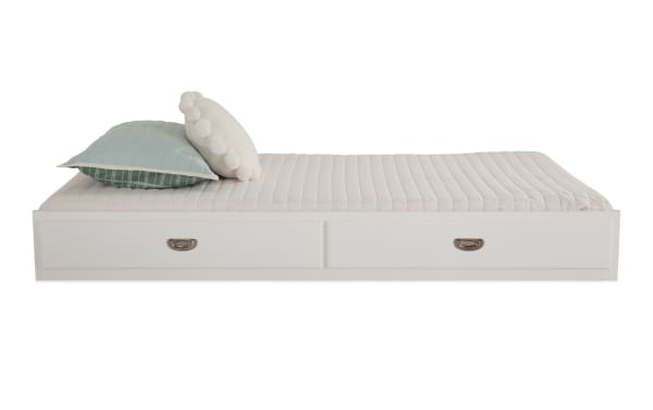 Chadwick Twin White Trundle Unit in transitional style, made of MDF, poplar solids, and veneers, featuring two storage drawers and a quilted mattress.