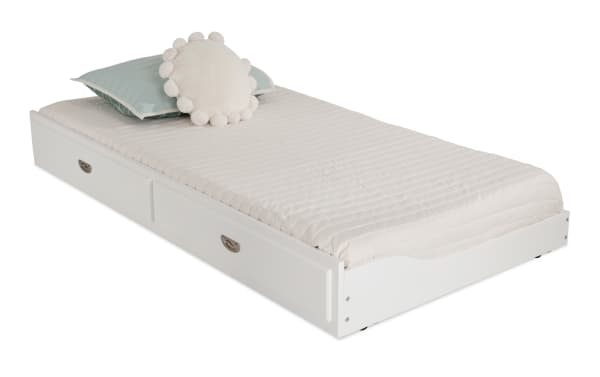 Chadwick Twin White Trundle Unit in transitional style, made of MDF, poplar solids, and veneers, with built-in storage drawers and a quilted mattress cover.