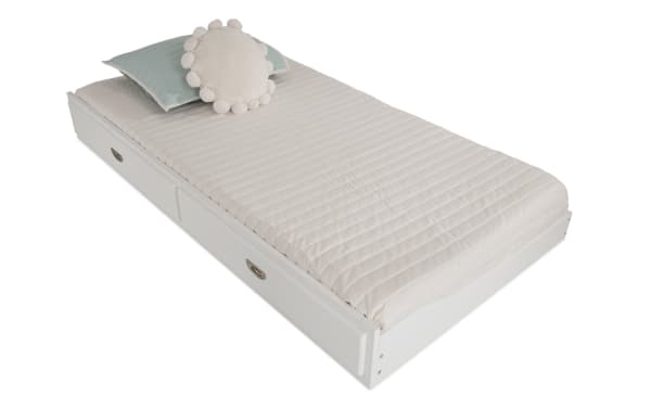 Chadwick Twin White Trundle Unit in transitional style, made from MDF, poplar solids, and veneers, with storage drawers and a white finish for space-saving sleepovers.