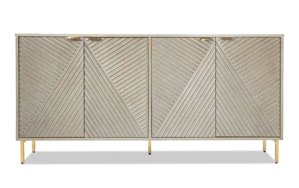 Brigitte Champagne Accent Cabinet in contemporary style with acacia veneer, reeded geometric design, champagne finish, and gold metal legs for elegant storage.