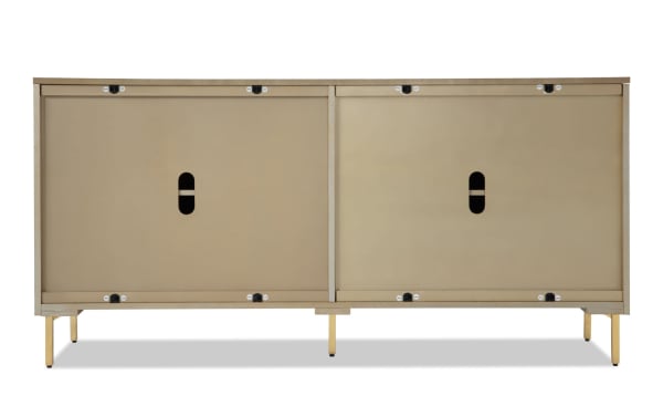 Brigitte Champagne Accent Cabinet in contemporary style, made with acacia veneers in champagne color, featuring reeded design and gold metal legs for elegant serveware storage.