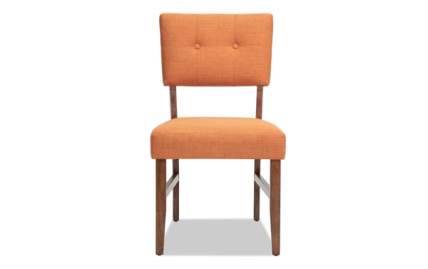 Bettie Walnut & Russet Panel Back Upholstered Dining Chair in russet orange fabric with button tufting, walnut veneer legs, mid-century modern style, and memory foam seat.