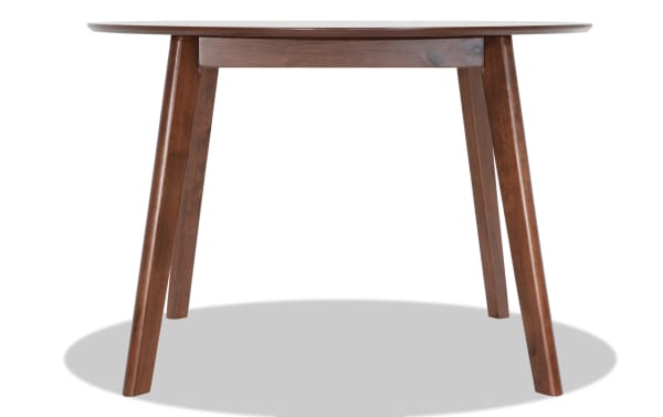 Bettie Walnut Round Dining Table with flared legs, mid-century modern style, made of rubberwood solids, MDF, and walnut veneers, ideal for small rooms.