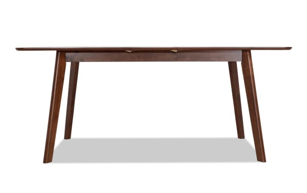Bettie Walnut Extendable Dining Table in mid-century modern style with flared legs, walnut veneer top, and a removable 12" leaf for extra space.