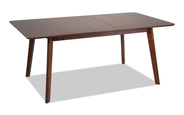 Bettie Walnut Extendable Dining Table with flared legs, walnut veneer top, rubberwood solid frame, and a removable 12" leaf in mid-century modern style.