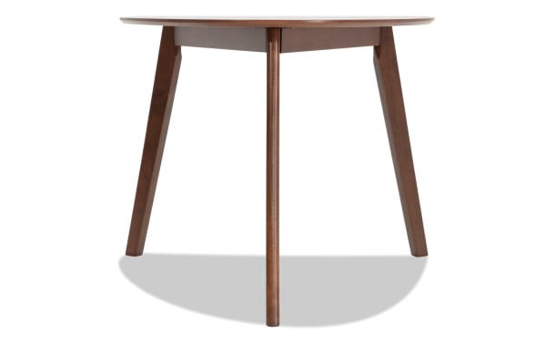 Bettie Walnut Triangle Dining Table with flared legs, mid-century modern style, made of walnut-finished rubberwood solids and MDF, ideal for small dining spaces.