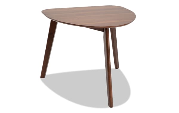 Mid-century modern Bettie Walnut Triangle Dining Table with flared legs, rubberwood solids and MDF, ideal for small dining rooms or kitchen nooks.