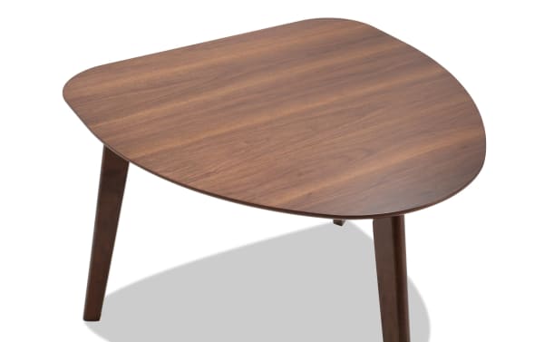 Mid-century modern Bettie Walnut Triangle Dining Table with flared legs, rubberwood solids and MDF, ideal for small dining rooms and kitchen nooks.