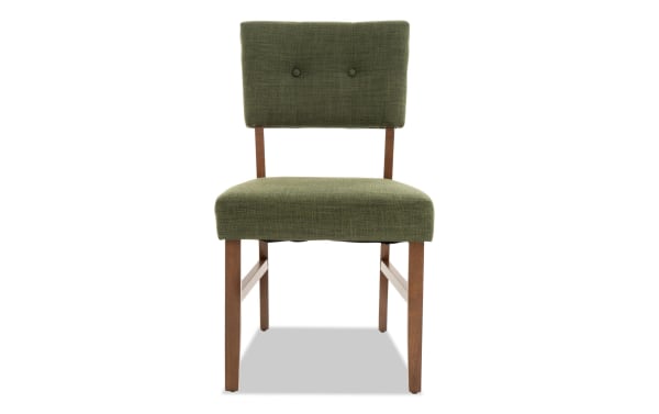 Mid-century modern Bettie Walnut & Avocado dining chair with avocado green polyester fabric, button-tufted panel back, and rubberwood legs.