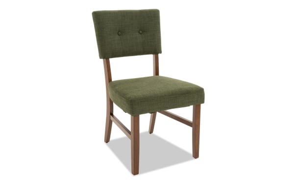 Mid-century modern Bettie Walnut & Avocado dining chair with avocado green polyester fabric, button-tufted back, and walnut rubberwood legs.