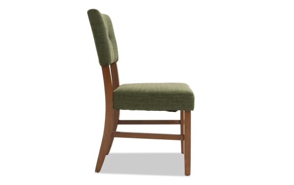 Bettie Walnut & Avocado Panel Back Upholstered Dining Chair with avocado green polyester fabric, button tufting, and curved walnut rubberwood legs.