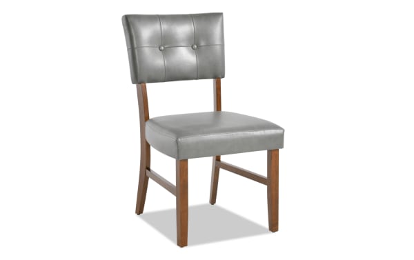 Bettie Walnut & Charcoal faux leather dining chair with mid-century modern style, tufted panel back, curved walnut legs, and memory foam seat.