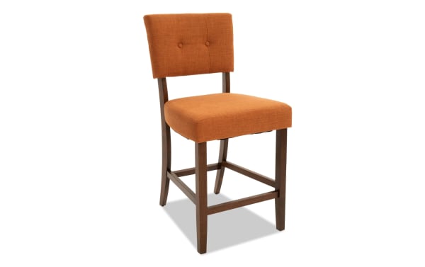 Bettie Walnut & Russet Upholstered Counter Height Stool with russet polyester fabric, button tufting, curved walnut rubberwood legs, mid-century modern style.