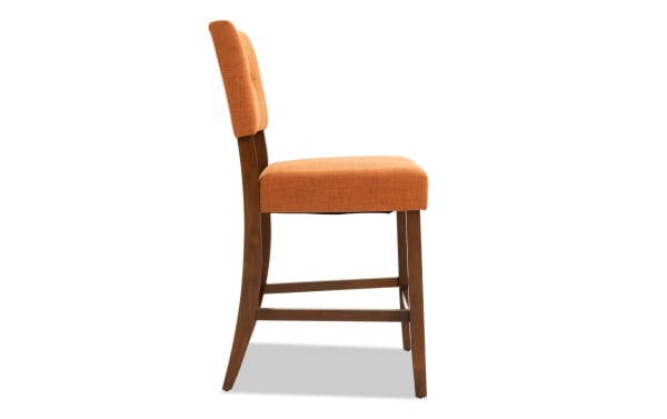 Bettie Walnut & Russet Upholstered Counter Height Stool with russet polyester fabric, button tufted back, curved walnut rubberwood legs, mid-century modern style.