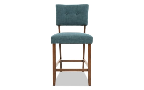 Bettie Walnut & Teal Upholstered Counter Height Stool with mid-century modern style, teal polyester fabric, button tufted back, and rubberwood frame.