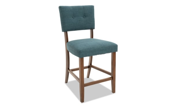 Bettie Walnut & Teal Upholstered Counter Height Stool with teal polyester fabric, button tufting, curved walnut rubberwood legs, mid-century modern style.