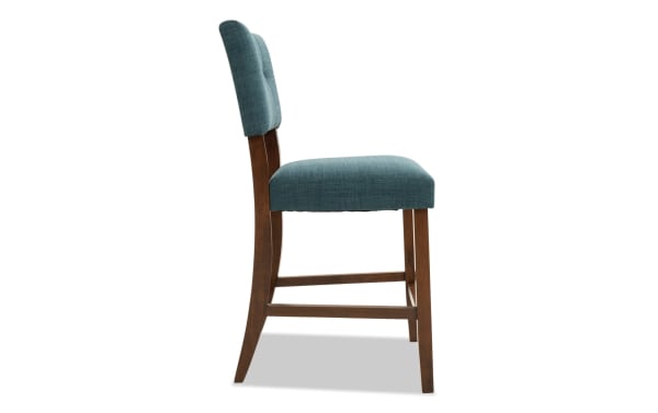 Bettie Walnut & Teal Upholstered Counter Height Stool with teal polyester fabric, button tufting, curved walnut rubberwood legs, mid-century modern style.