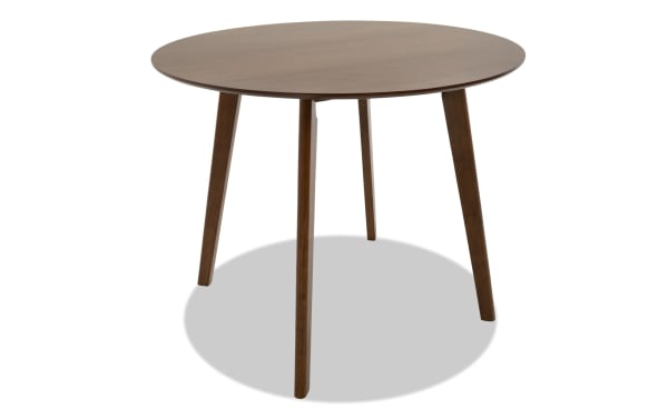 Bettie Walnut Round Counter Height Dining Table with flared mid-century modern legs, made of walnut-finished rubberwood solids and MDF, ideal for small dining rooms and kitchen nooks.