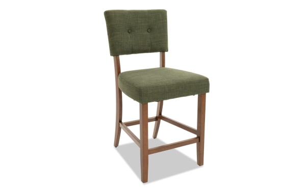 Bettie Walnut & Avocado Upholstered Counter Height Stool with avocado green polyester fabric, button tufting, curved walnut-finished rubberwood legs, mid-century modern style.