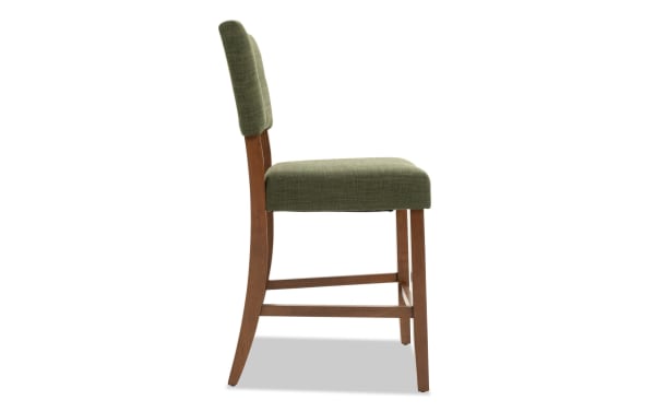 Bettie Walnut & Avocado Upholstered Counter Height Stool with avocado green polyester fabric, rubberwood solid frame, mid-century modern curved legs, and cushioned memory foam seat.