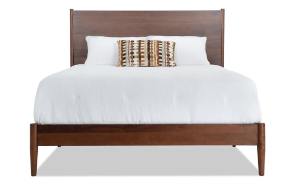 Bettie Full Brown Platform Bed from Bettie Bedroom collection, mid-century modern style with walnut veneer legs, warm brown MDF frame, and sleek wood headboard.