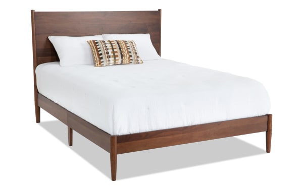 Bettie Full Brown Platform Bed from Bettie Bedroom collection, mid-century modern style with walnut veneer legs, warm wood tones, and MDF frame.