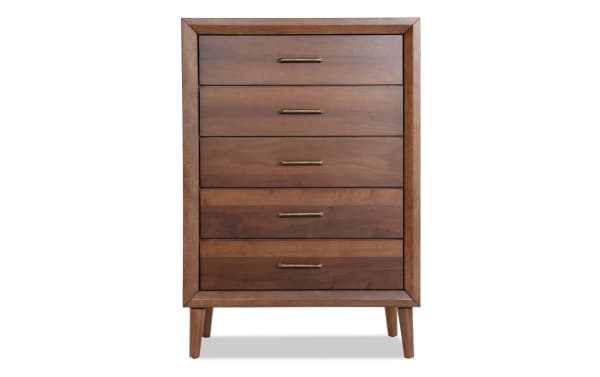 Mid-century modern Bettie Brown 5 Drawer Chest in walnut veneer with brass handles and tapered legs, part of Bettie Bedroom collection.