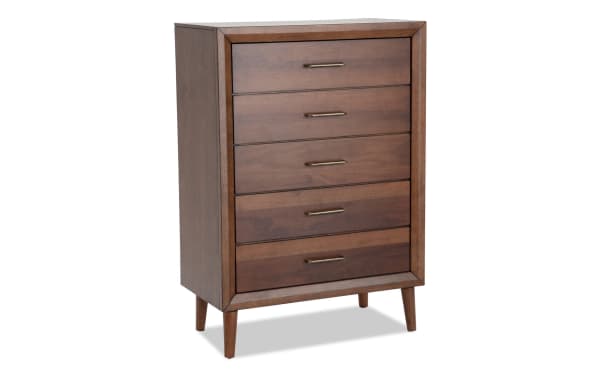 Mid-century modern Bettie Brown 5 Drawer Chest in walnut veneer with tapered legs and brass handles, part of the Bettie Bedroom collection.