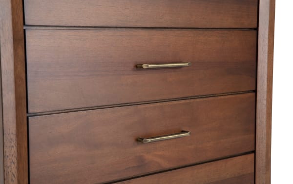 Bettie Brown 5 Drawer Chest in mid-century modern style with walnut veneer MDF, retro brass handles, and clean-lined drawer fronts.