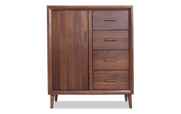 Mid-century modern Bettie Walnut 4 Drawer Wardrobe with walnut veneer, tapered legs, retro brass hardware, and four drawers plus left door.