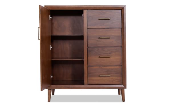 Bettie Walnut 4 Drawer Wardrobe in mid-century modern style with walnut veneer, tapered legs, retro brass handles, and a left-side door with shelves.