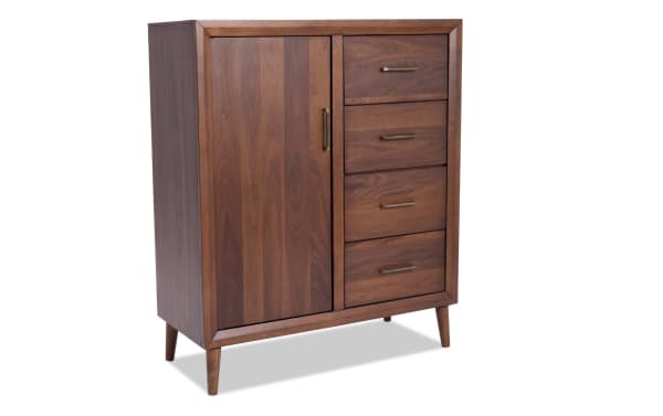 Bettie Walnut 4 Drawer Wardrobe from Bettie Bedroom collection, mid-century modern style with walnut veneers, tapered legs, and brass hardware.