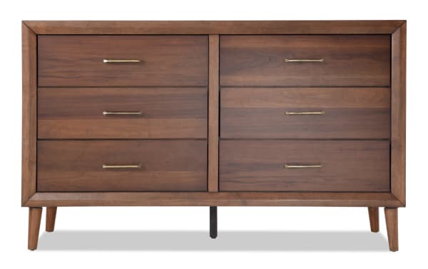 Mid-century modern Bettie Brown 6 Drawer Dresser with walnut veneer, tapered legs, and retro brass handles from Bettie Bedroom collection.