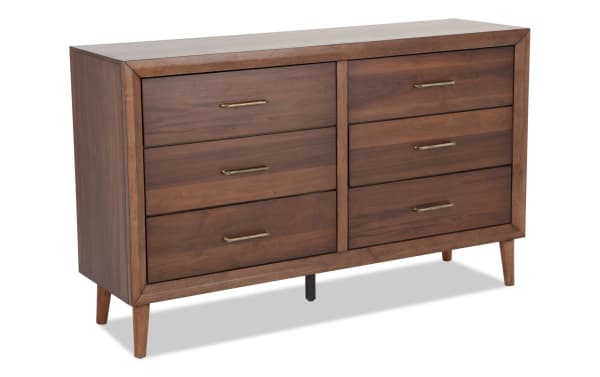 Bettie Brown 6 Drawer Dresser in mid-century modern style with walnut veneer MDF, tapered legs, and retro brass handles from Bettie Bedroom collection.