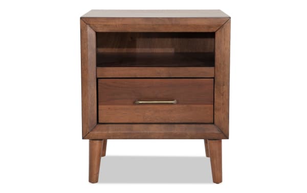 Bettie Brown Nightstand with Drawer in mid-century modern style, featuring walnut veneer MDF, tapered legs, and brass hardware.