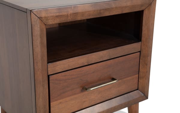 Bettie Brown Nightstand with Drawer in mid-century modern style, walnut veneer MDF, tapered legs, and brass hardware for bedroom decor.