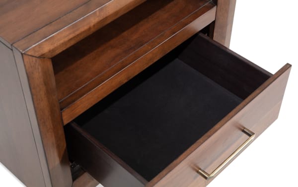 Bettie Brown Nightstand drawer open, showing black felt-lined interior, walnut veneer finish, brass handle, mid-century modern style.
