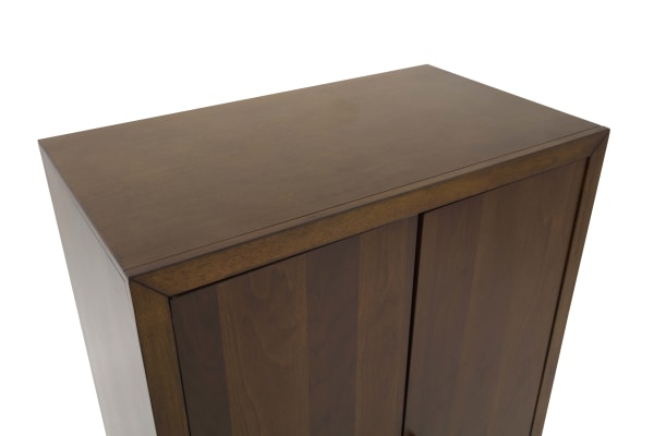 Dark brown wooden cabinet with a smooth finish, featuring two paneled doors and a simple, modern design suitable for home or office storage.
