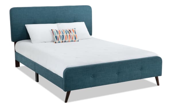 Bettie Twin Teal Upholstered Platform Bed in blue polyester fabric with mid-century modern style, flared legs, and button tufting from Bettie Bedroom collection.