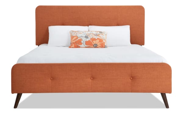 Bettie Full Russet Upholstered Platform Bed in orange polyester fabric with mid-century modern flared legs and button tufting, from Bettie Bedroom collection.