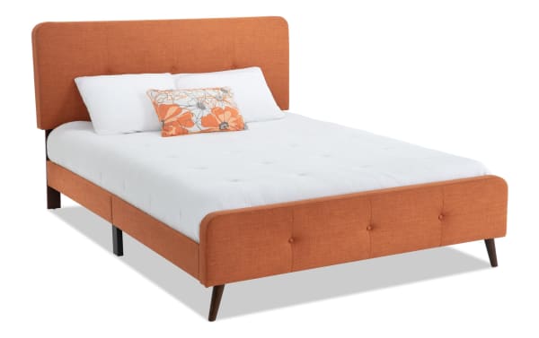 Bettie Full Russet Upholstered Platform Bed in orange polyester fabric with mid-century modern style, flared legs, and button tufting from Bettie Bedroom collection.