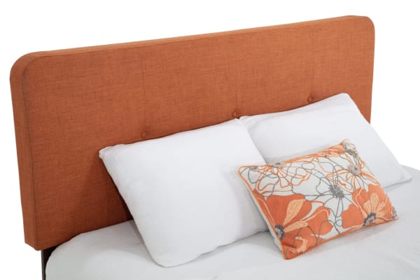 Bettie Full Russet Upholstered Platform Bed with mid-century modern flared legs, button tufting, and russet polyester fabric headboard.