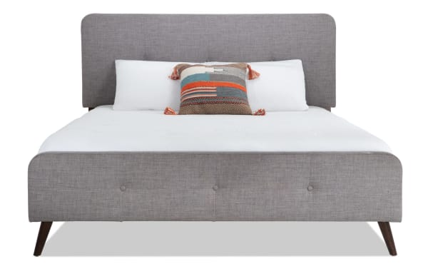 Bettie Queen Gray Upholstered Platform Bed in mid-century modern style with gray polyester fabric, button tufting, and flared wooden legs.