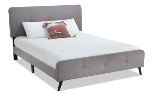 Bettie Queen Gray Upholstered Platform Bed in mid-century modern style with gray polyester fabric, button tufting, and flared wooden legs.