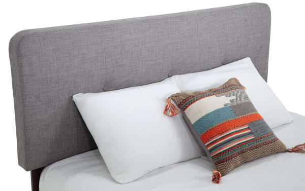Bettie Queen Gray Upholstered Platform Bed with mid-century modern flared legs, gray polyester fabric, and button tufted headboard from Bettie Bedroom collection.